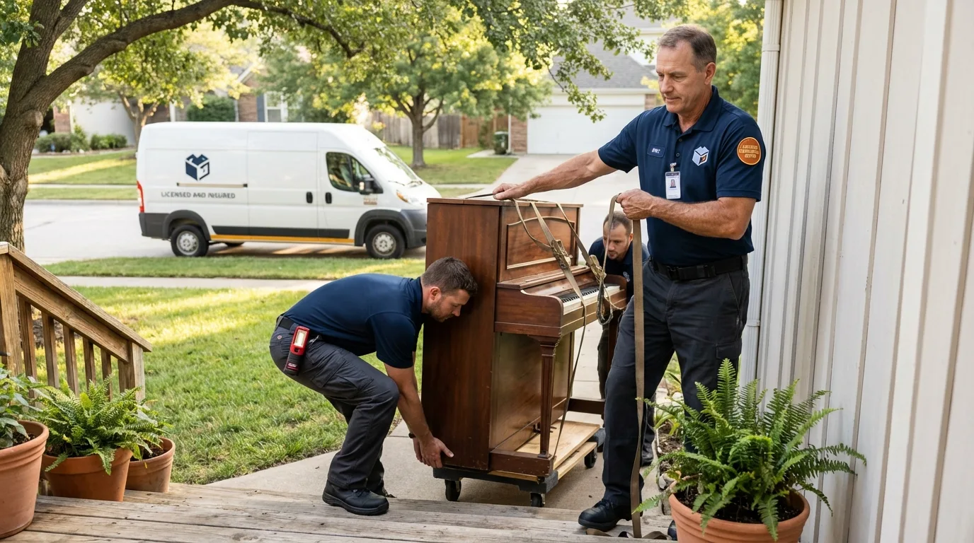 Licensed piano movers securing grand piano in Windham, NH