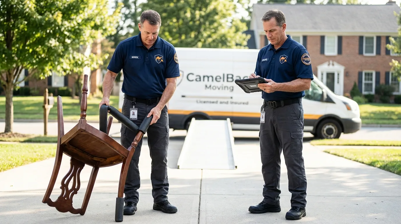 Movers inspecting furniture for damage prevention before loading in Windham, NH